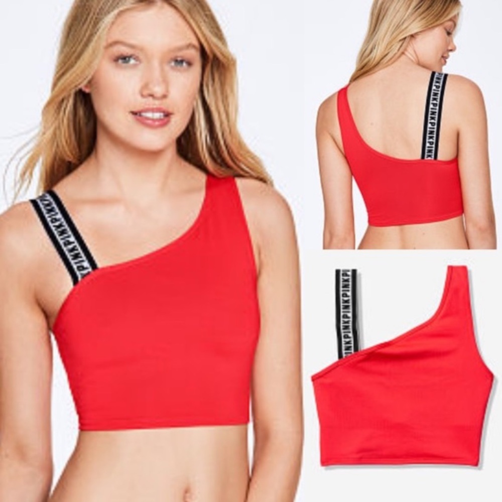 PINK by Victoria’s Secret Logo Strap Crop Top Neon Candy Coral Red Size Medium